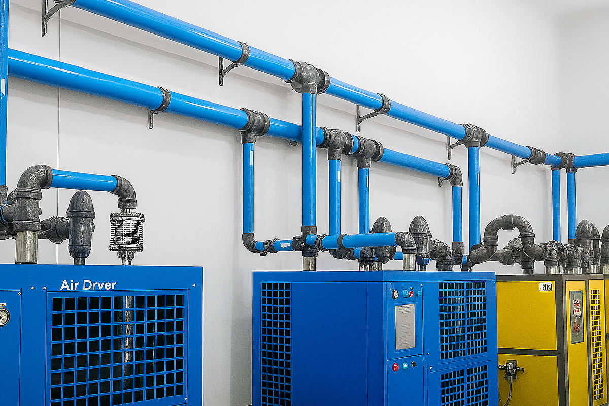 yellow compressors blue air dryers connected by compressed air blue piping
