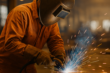 fabrication welder in an orange suit a welding mask and sparks flying
