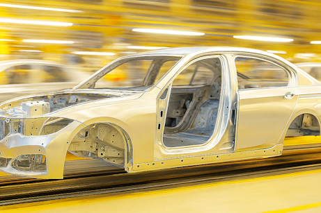 auto factory car frame with blurred background of assembly line